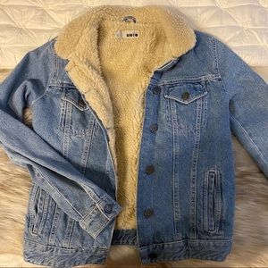 Topshop faux shearling trim denim jacket